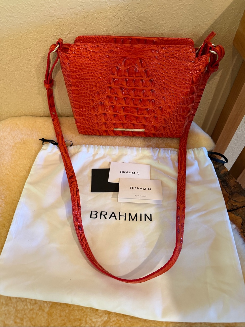 Brahmin Hillary Croc Embossed Crossbody Bag, heat - coral - orange - NEW